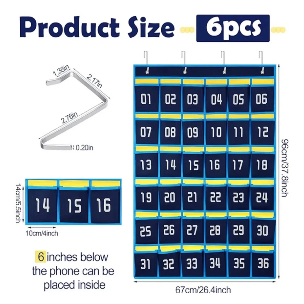 36 Numbered pockets Hanging Organizer for Classroom. 1 Package of 6 ea.Brand New